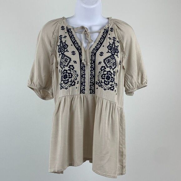 Maurices Blouse sz S Top Beige Navy Embroidered Boho Flowy New NWT - Picture 1 of 7
